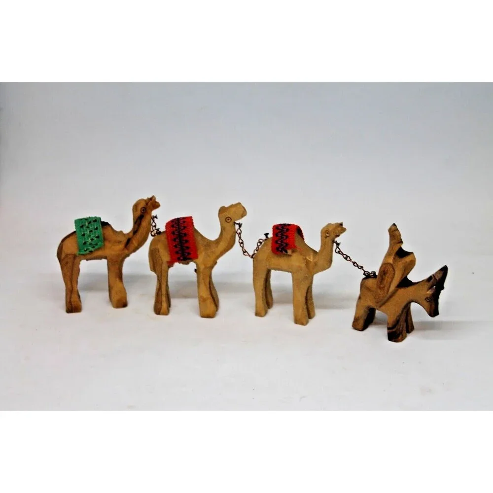 Vtg Donkey Camel Caravan Train Figurines Hand Carved Olive Wood Jerusalem 4 pc.